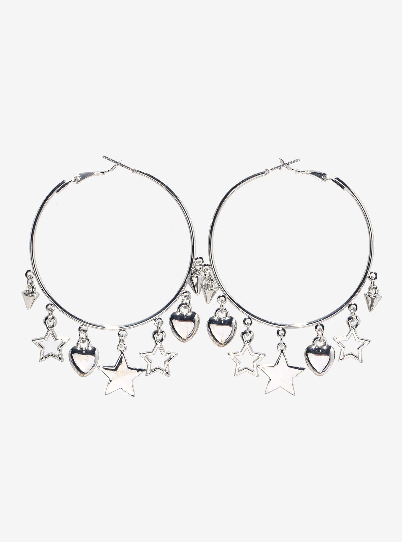 Silver Star Heart Hoop Earrings, , hi-res