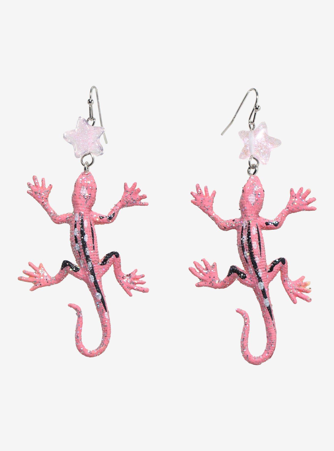 Pink Glitter Gecko Drop Earrings, , alternate