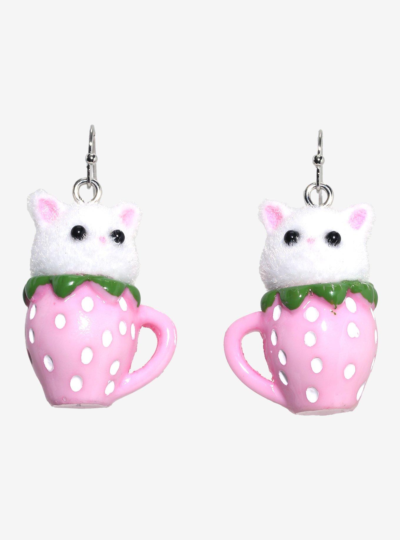 Sweet Society Fuzzy Kitty Strawberry Cup Earrings, , alternate