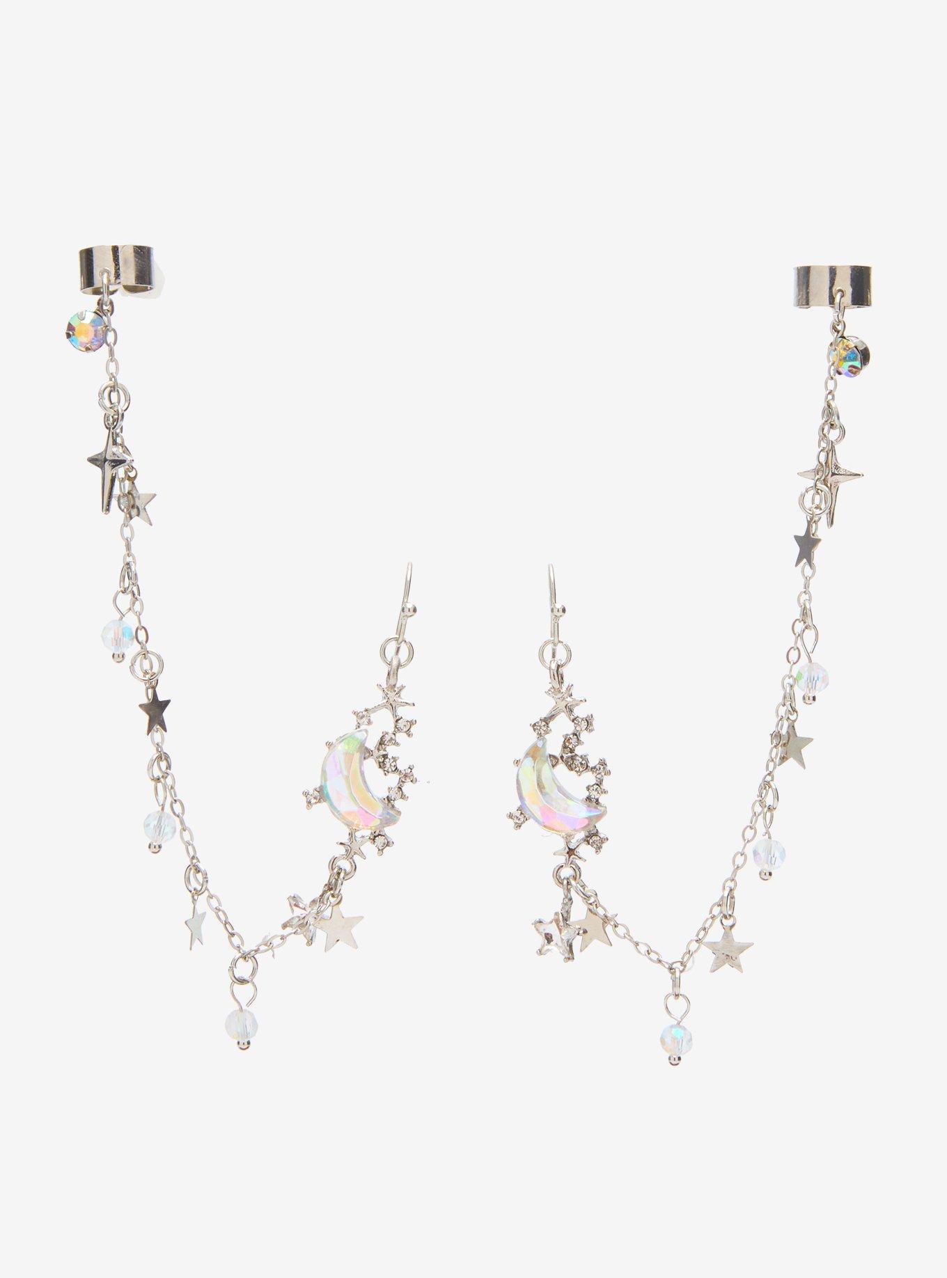 Cosmic Aura Moon & Star Charm Chain Earrings, , hi-res
