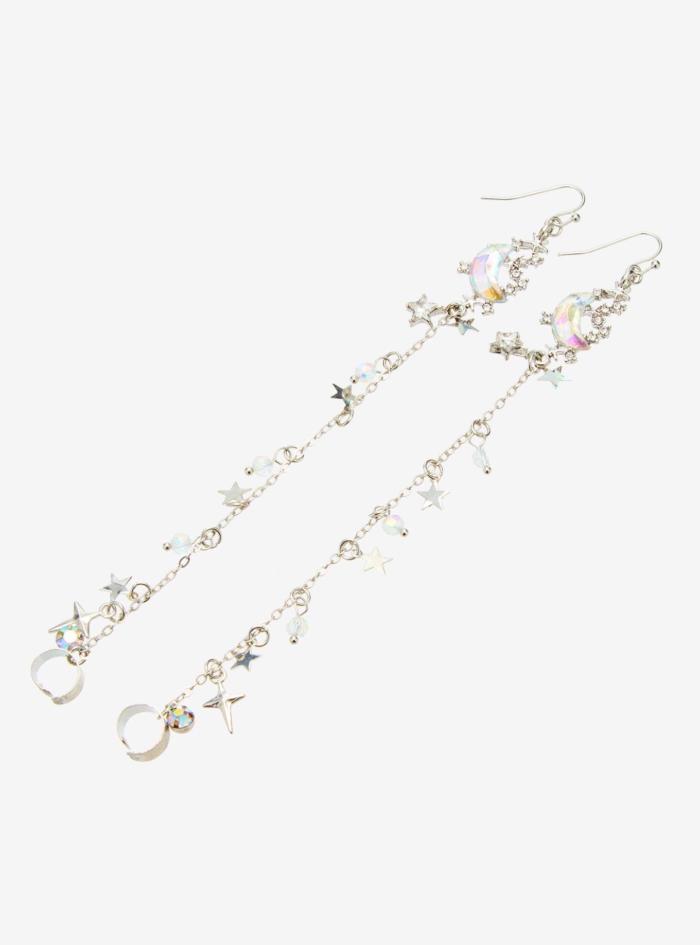 Cosmic Aura Moon & Star Charm Chain Earrings, , alternate