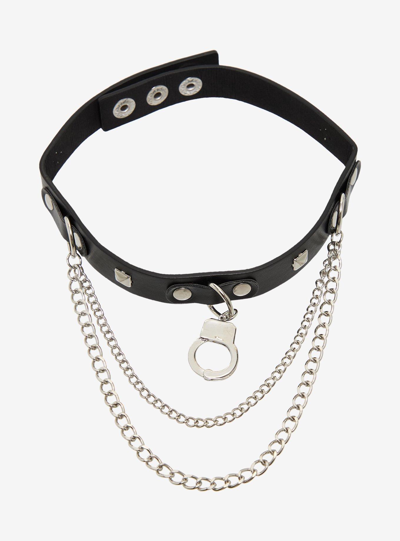 Hand Cuff Chain Faux Leather Choker, , hi-res