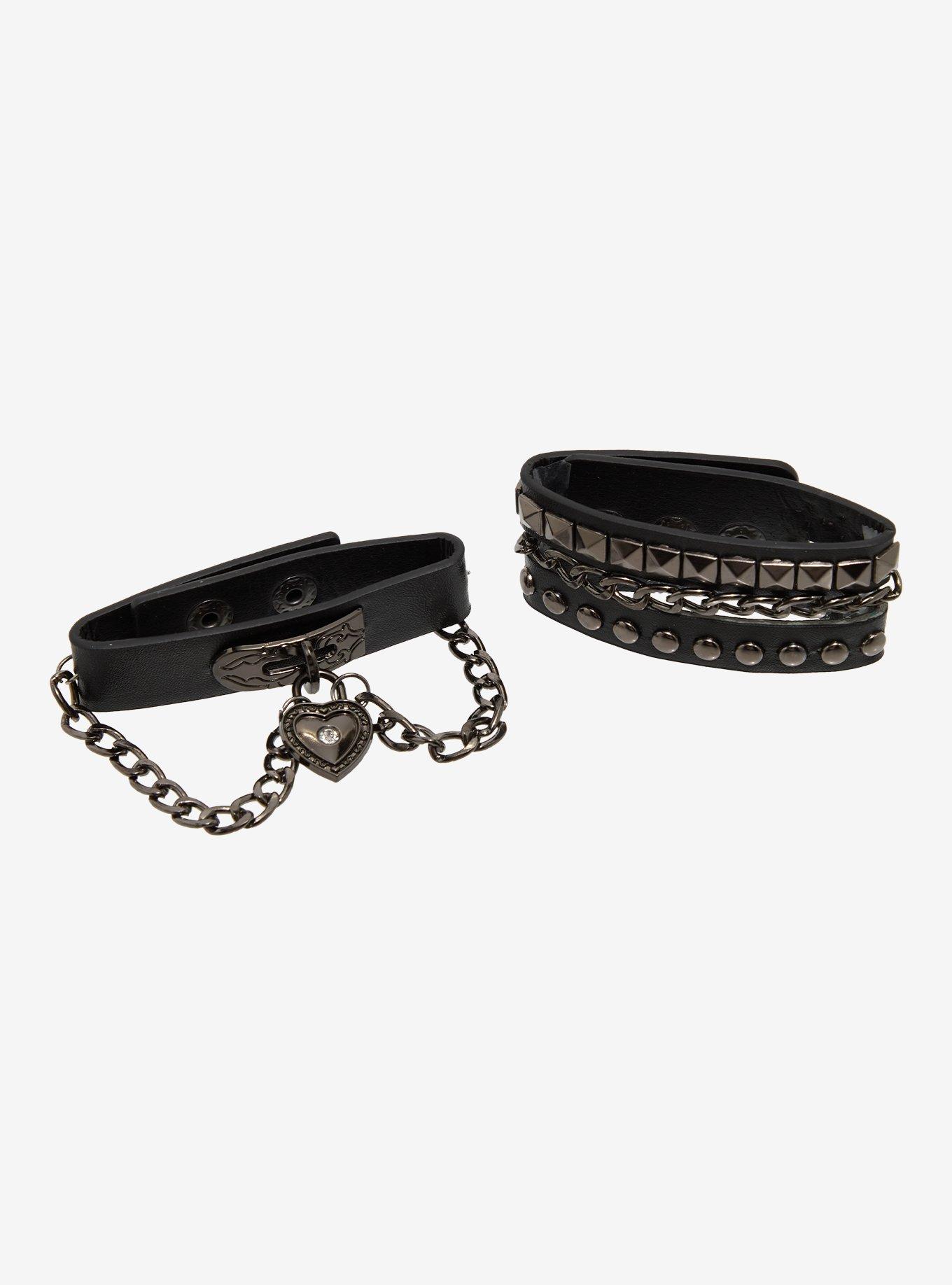 Chain Padlock Spike Cuff Bracelet Set, , hi-res