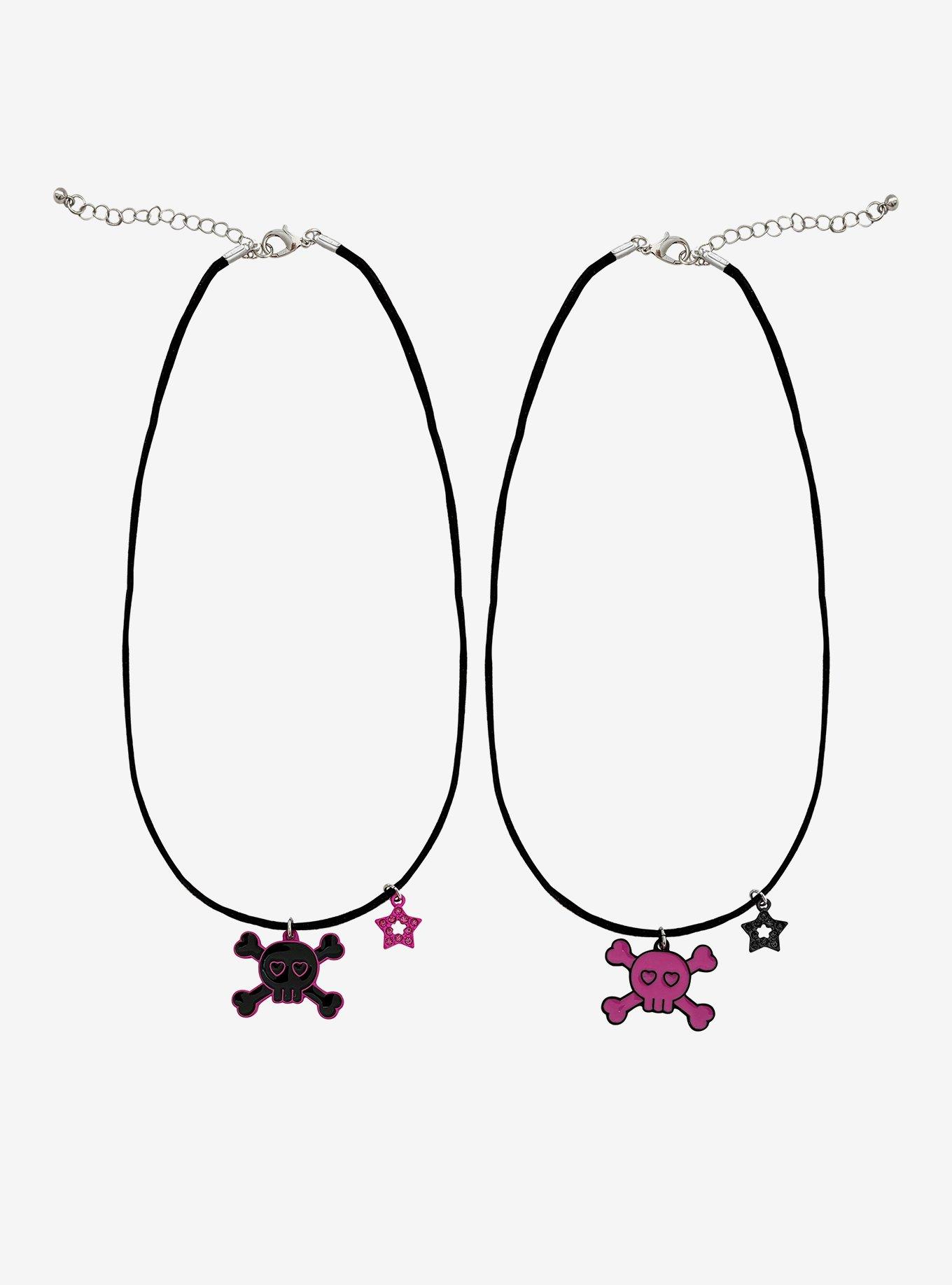 Black & Pink Skull & Crossbones Best Friend Necklace Set, , hi-res
