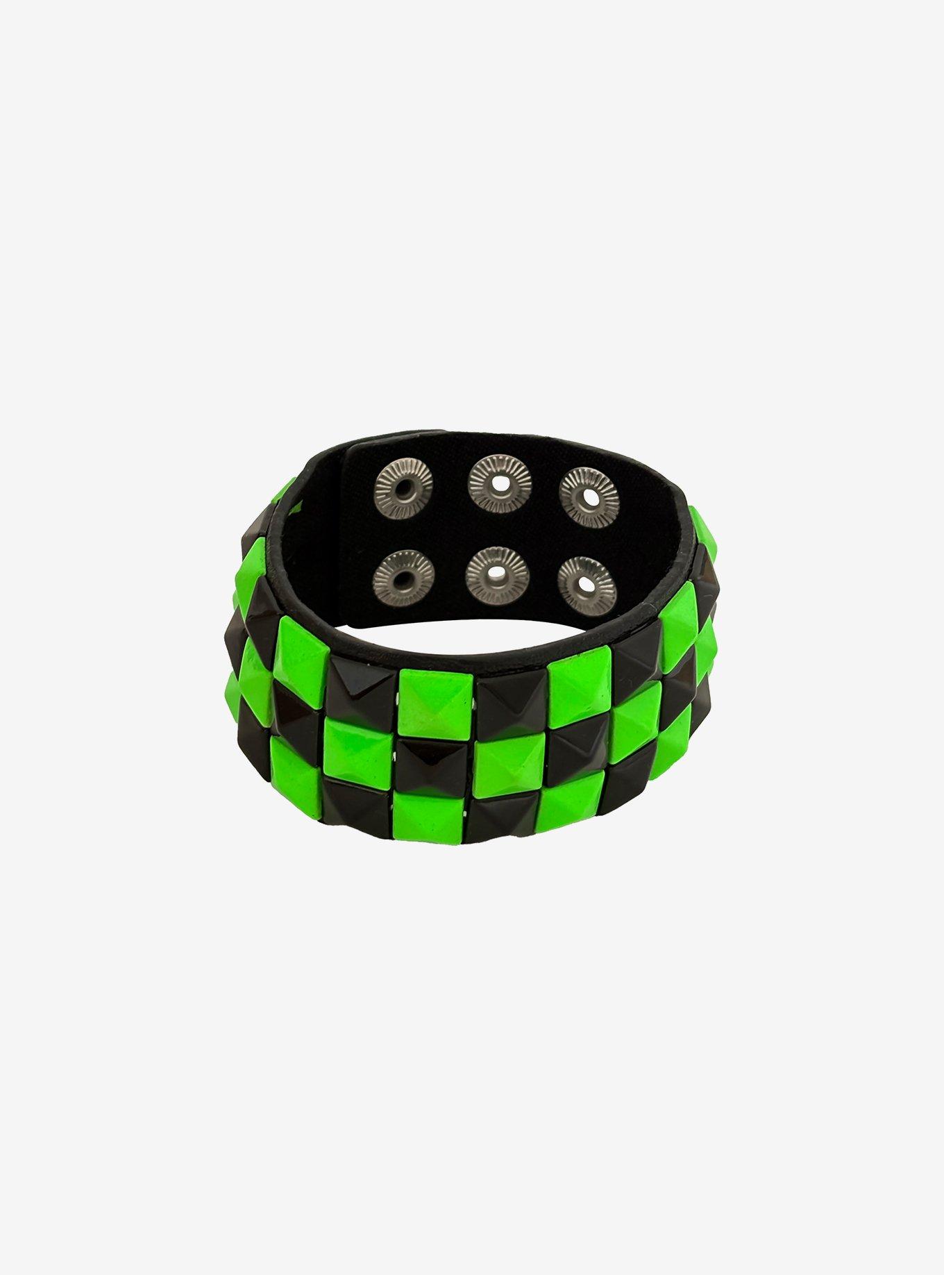 Black & Green Pyramid Stud Cuff Bracelet, , alternate