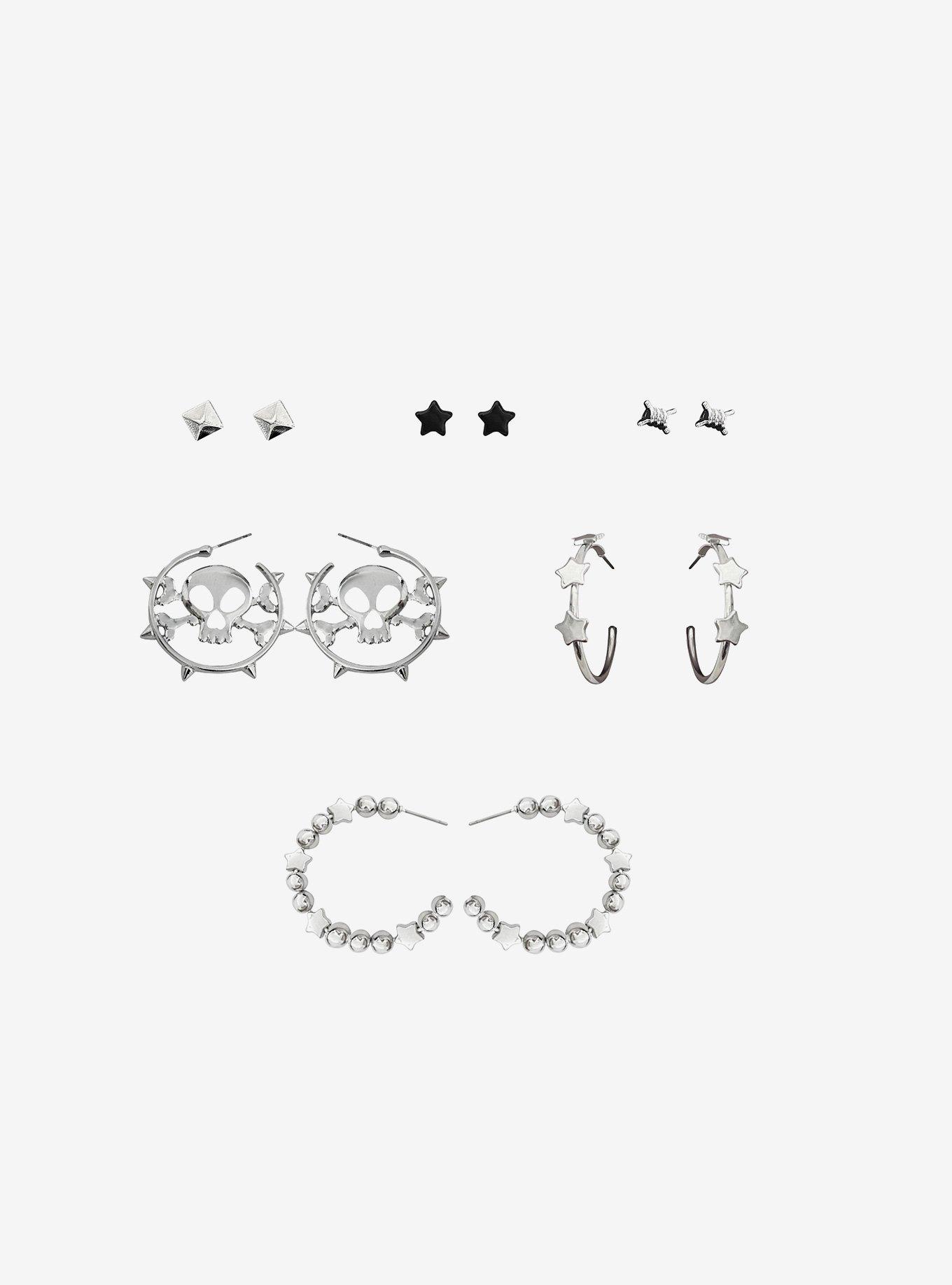 Skull Star Stud & Hoop Earring Set, , hi-res