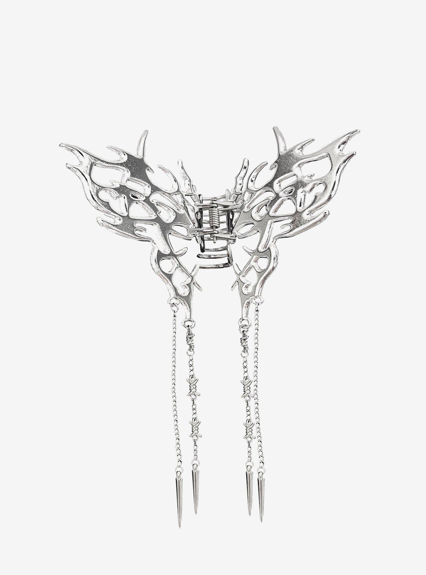 Chrome Butterfly Chain Claw Hair Clip, , hi-res