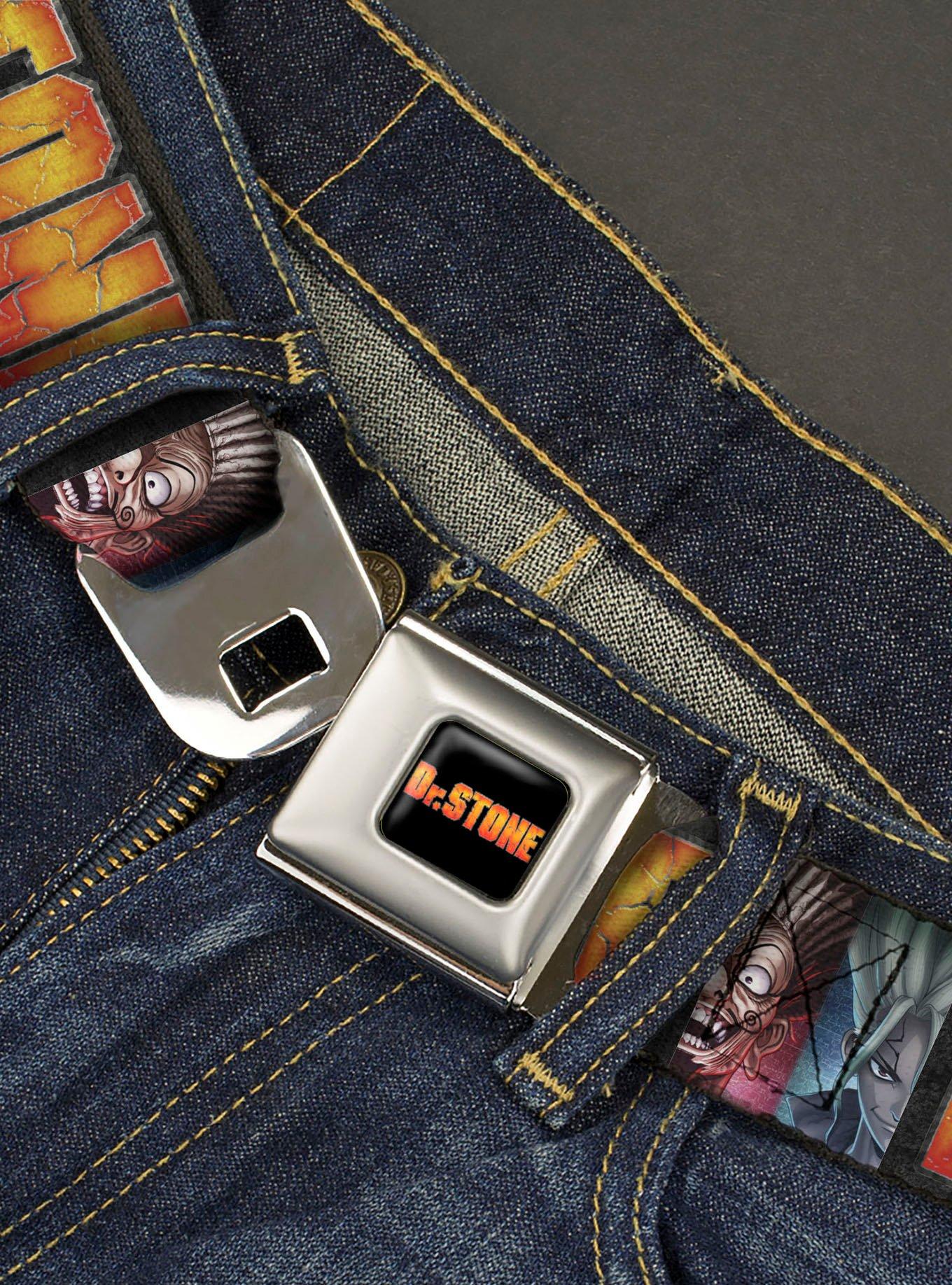 Dr. Stone Title Logo & Ibarra Suika Split Pose Black Seatbelt Buckle Belt, BLACK, alternate