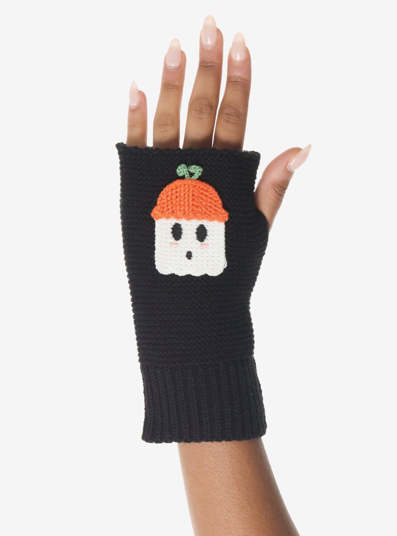 Pumpkin Ghost Knit Fingerless Gloves, , hi-res
