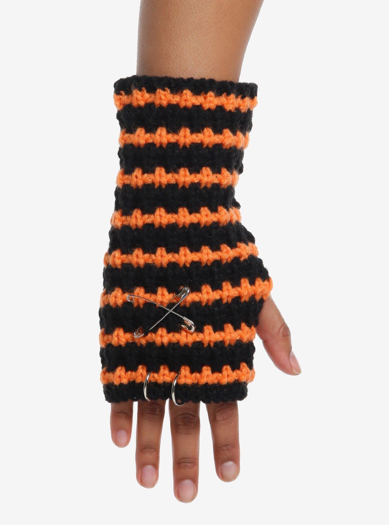Orange & Black Stripe Knit Fingerless Gloves, , hi-res