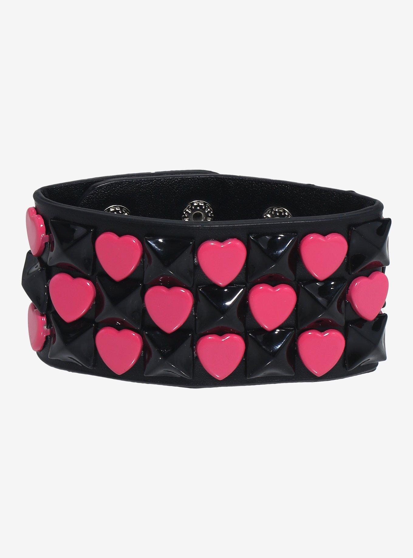Black & Pink Heart Pyramid Stuff Cuff Bracelet, , hi-res