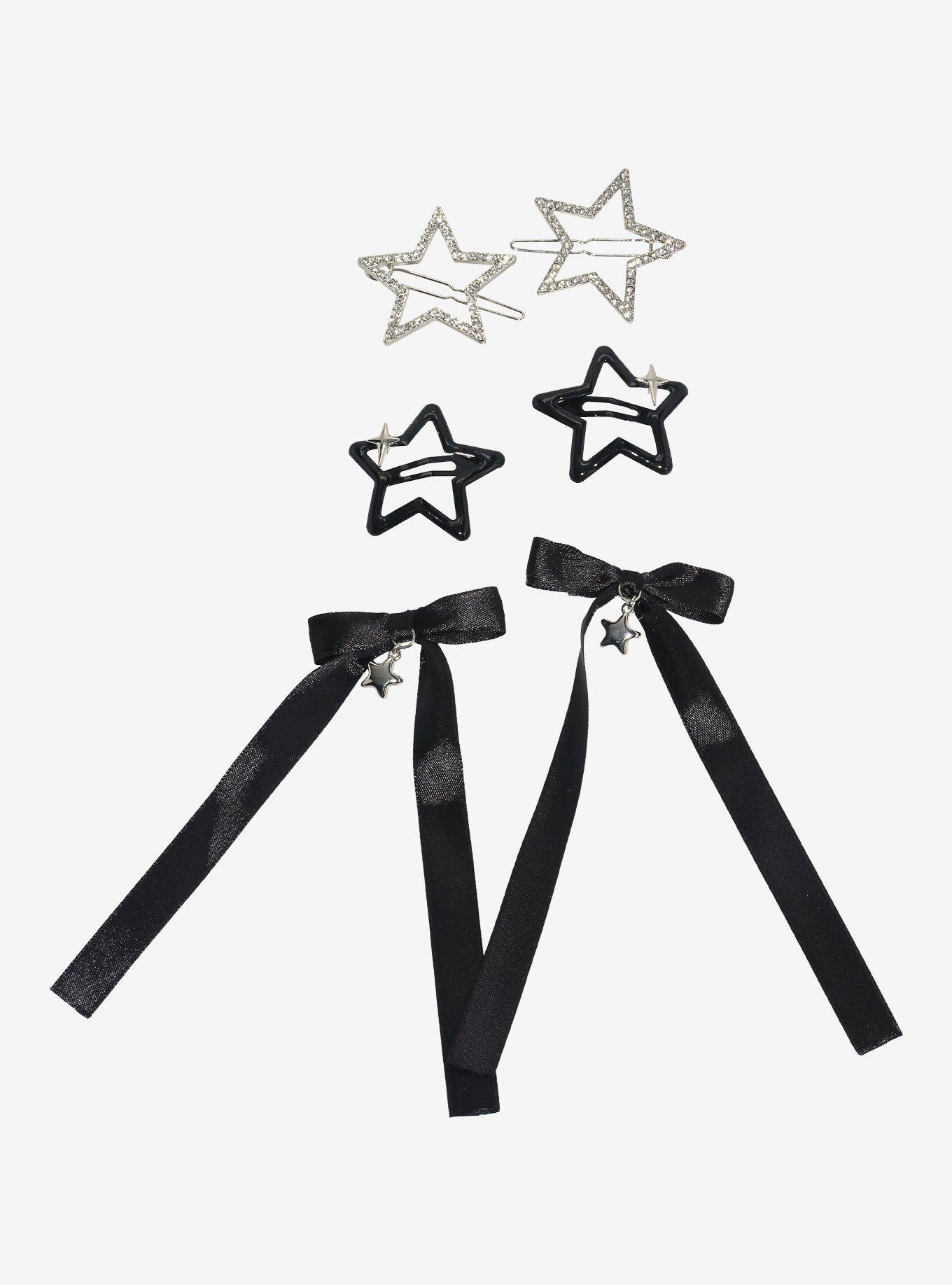 Rhinestone Black Star Ribbon Hair Clip Set, , hi-res