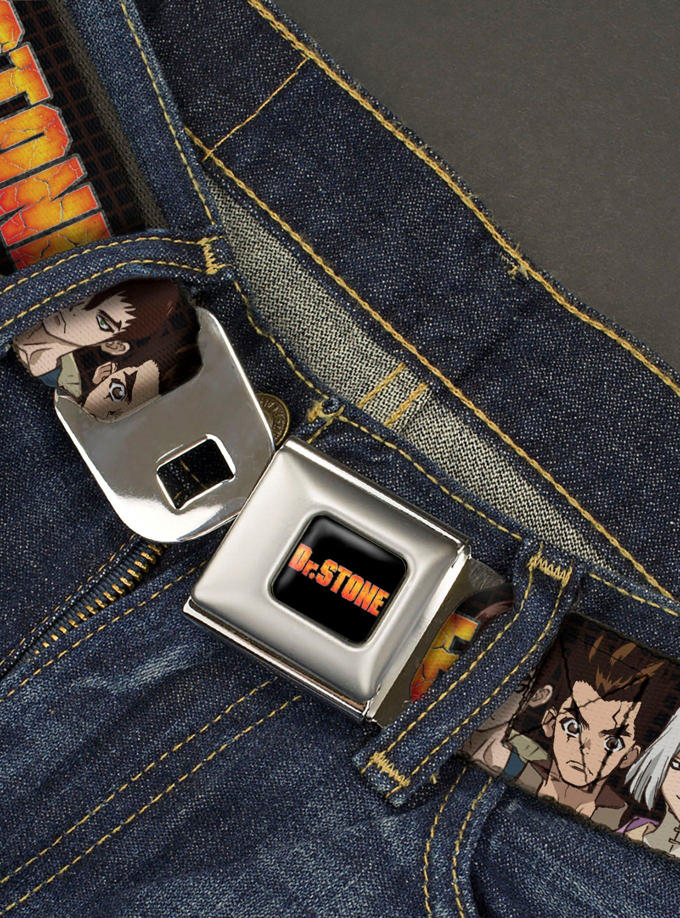 Dr. Stone Title Logo & Character Group Black Seatbelt Buckle Belt, , hi-res