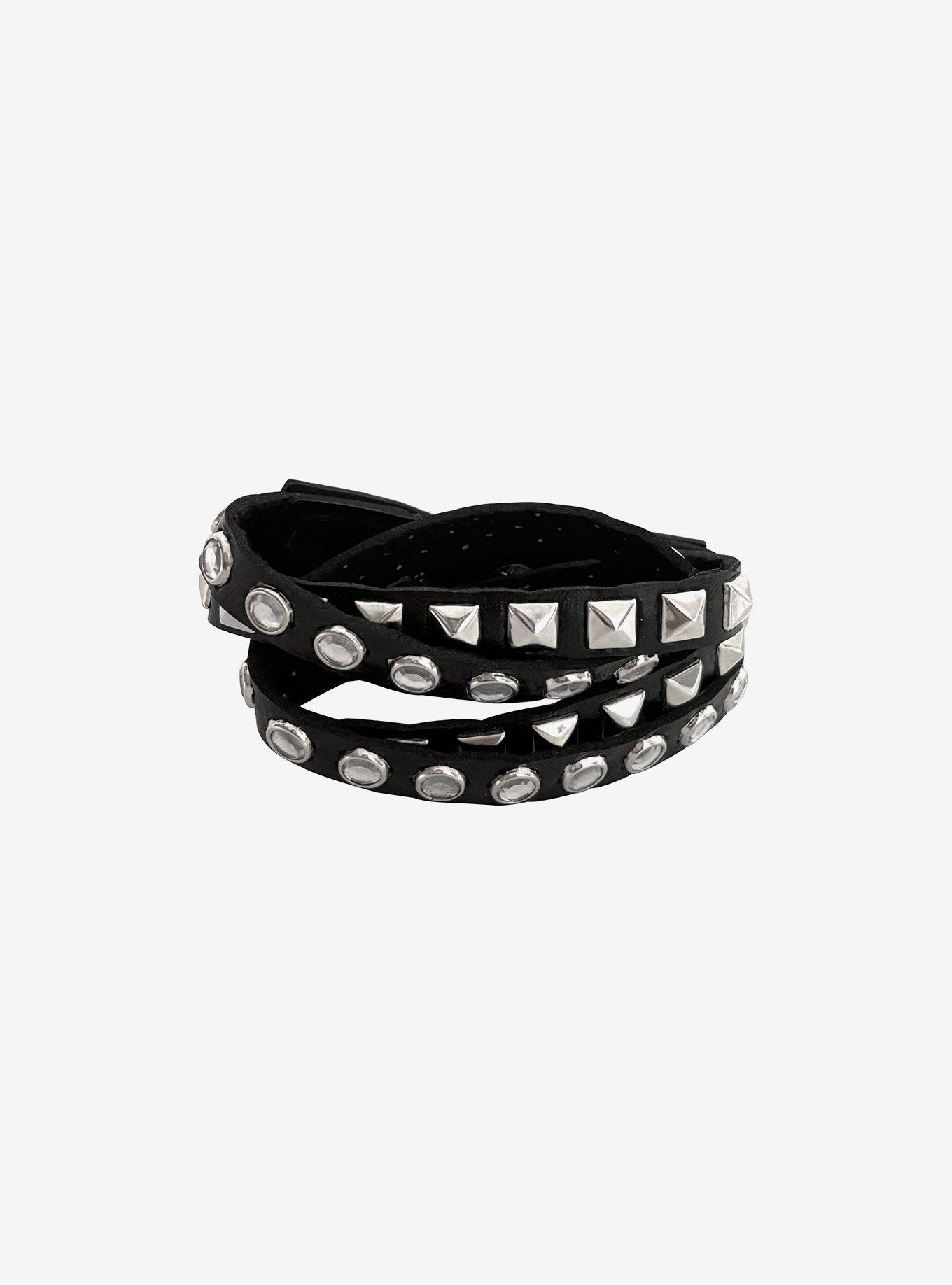 Black Layered Faux Leather Cuff Bracelet, , alternate