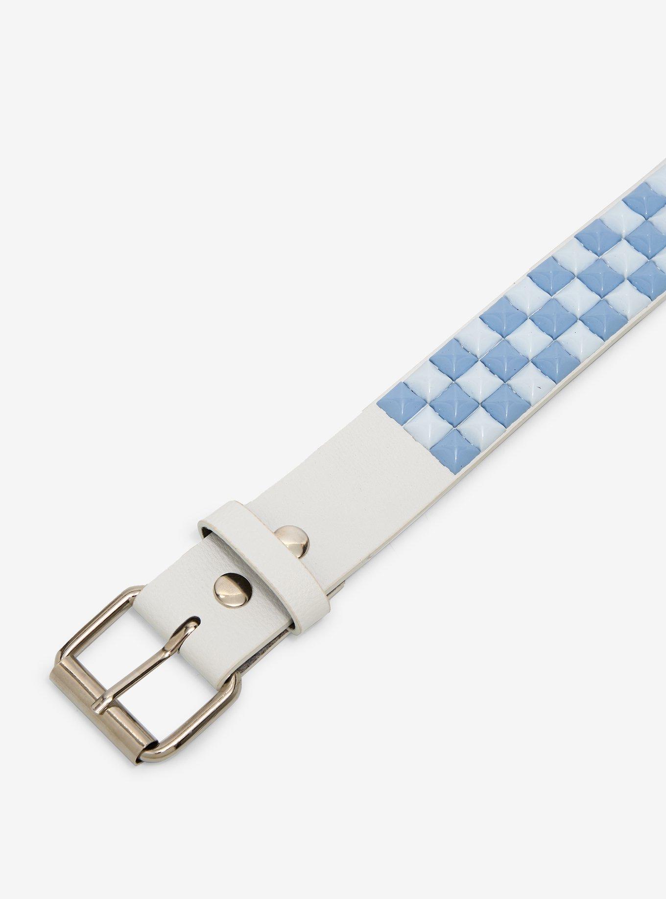 White & Blue Three Row Pyramid Stud Belt, , hi-res