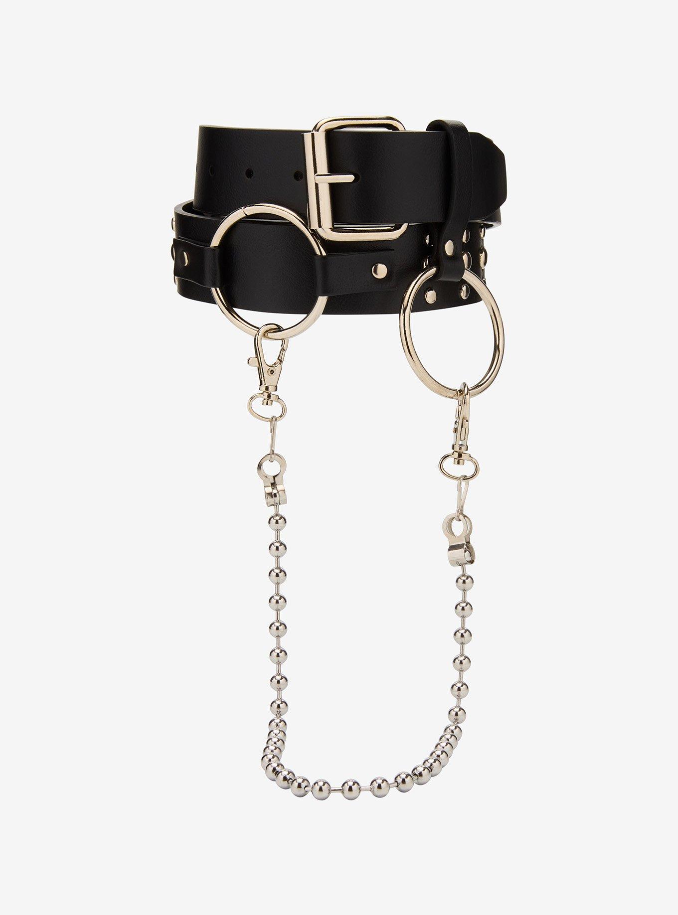 Black & Silver Stud O-Ring Ball Chain Belt, , hi-res