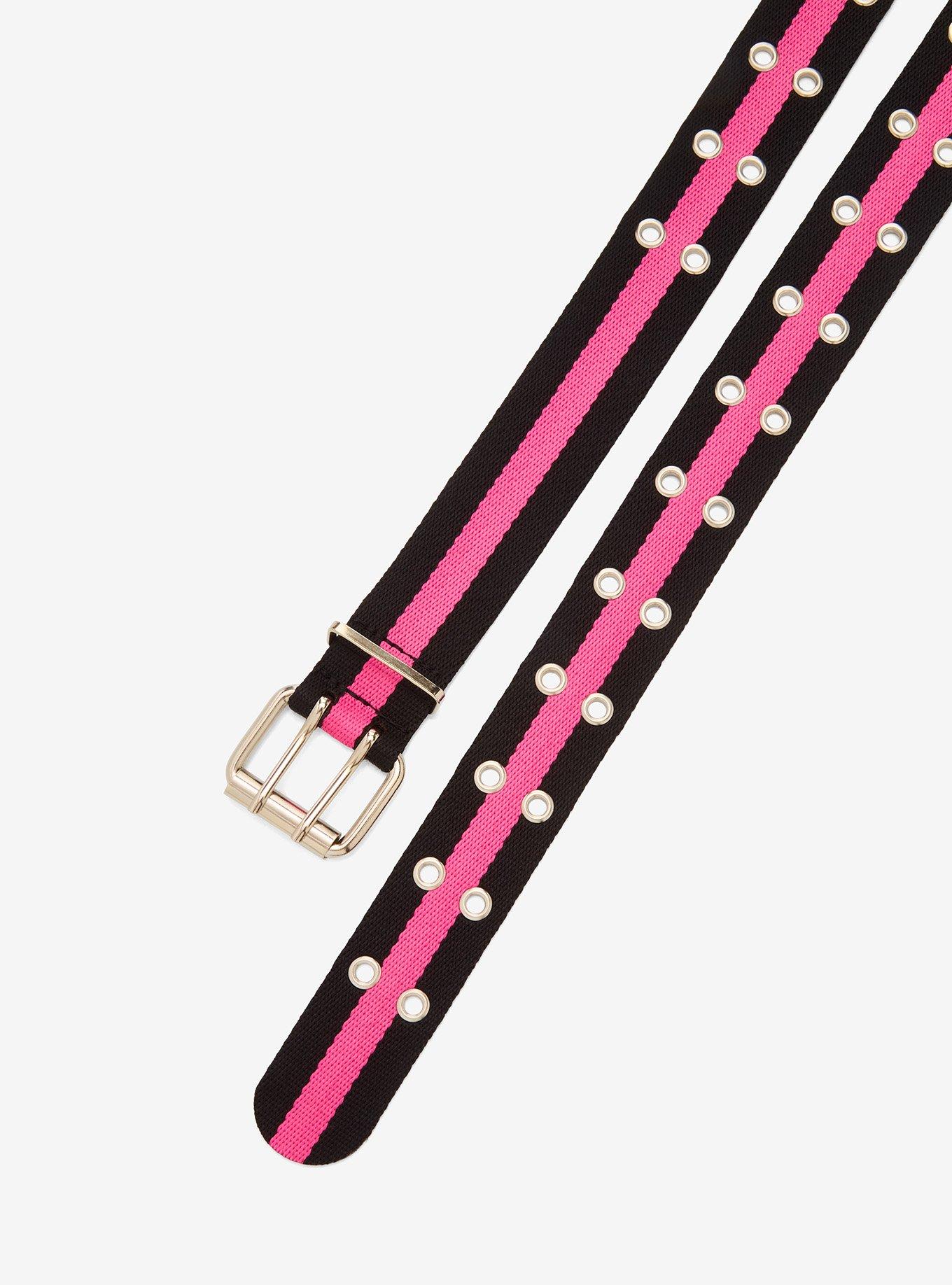 Black & Pink Stripe Grommet Belt, , hi-res