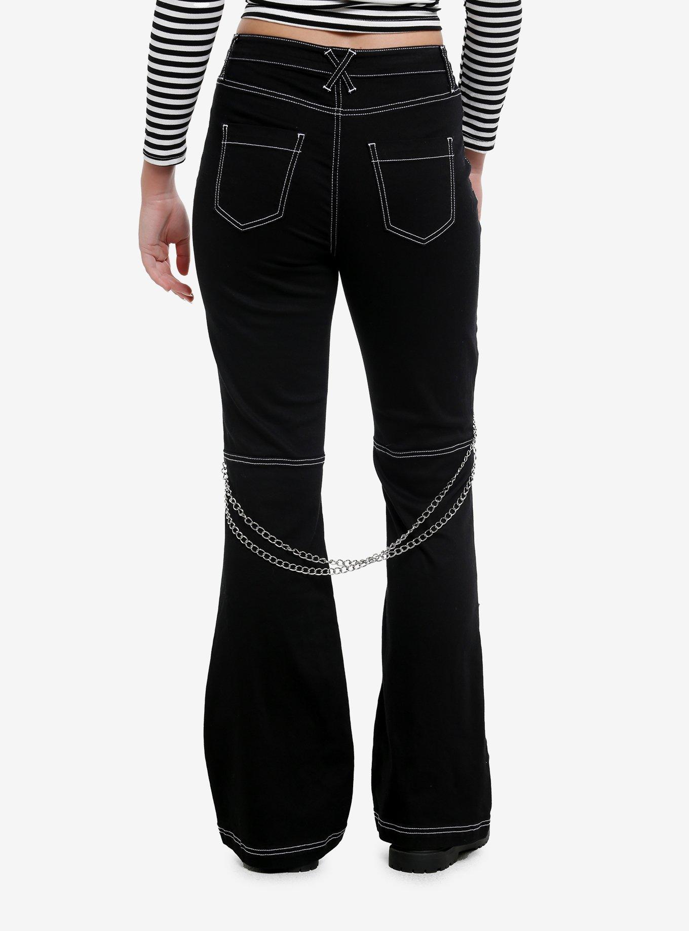 Social Collision Skull & Chains Black Low Rise Flare Pants, , hi-res