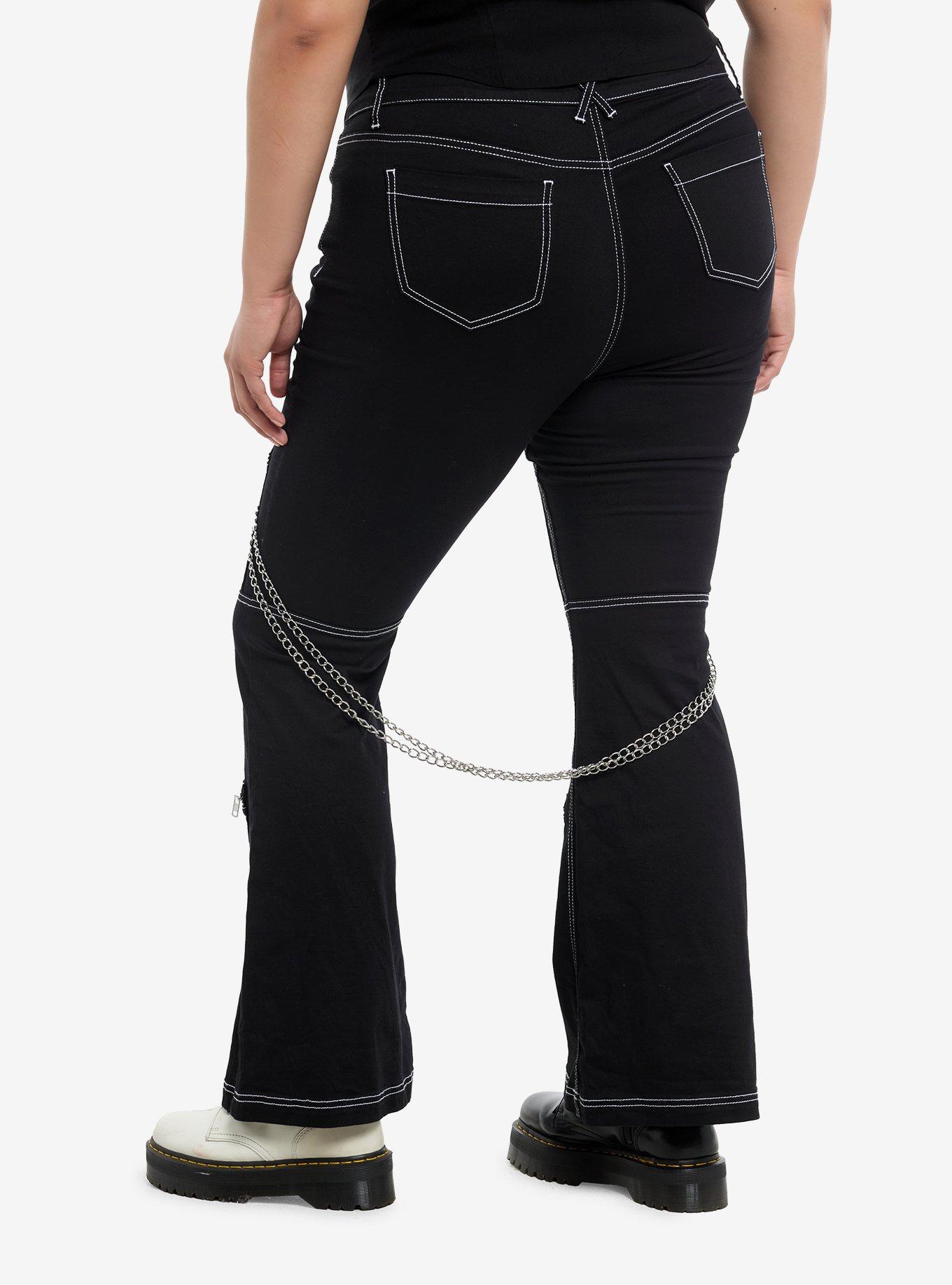 Social Collision Skull & Chains Black Low Rise Flare Pants Plus Size, , hi-res