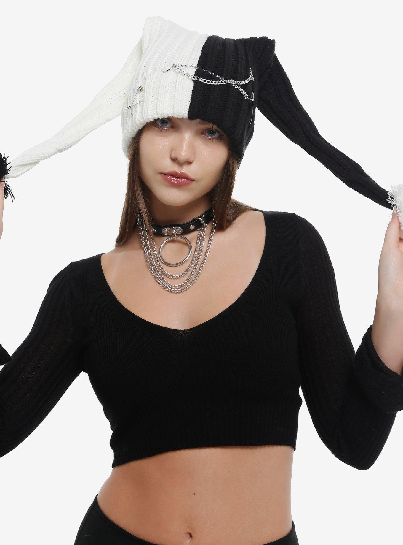 Black & White Split Pierced Bunny Ear Beanie, , hi-res