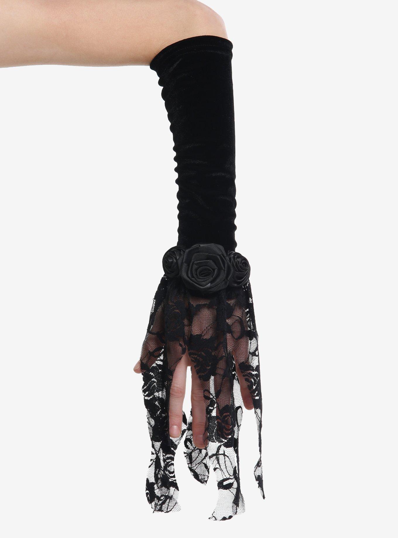 Black Gothic Rose Lace Flare Arm Warmers, , hi-res