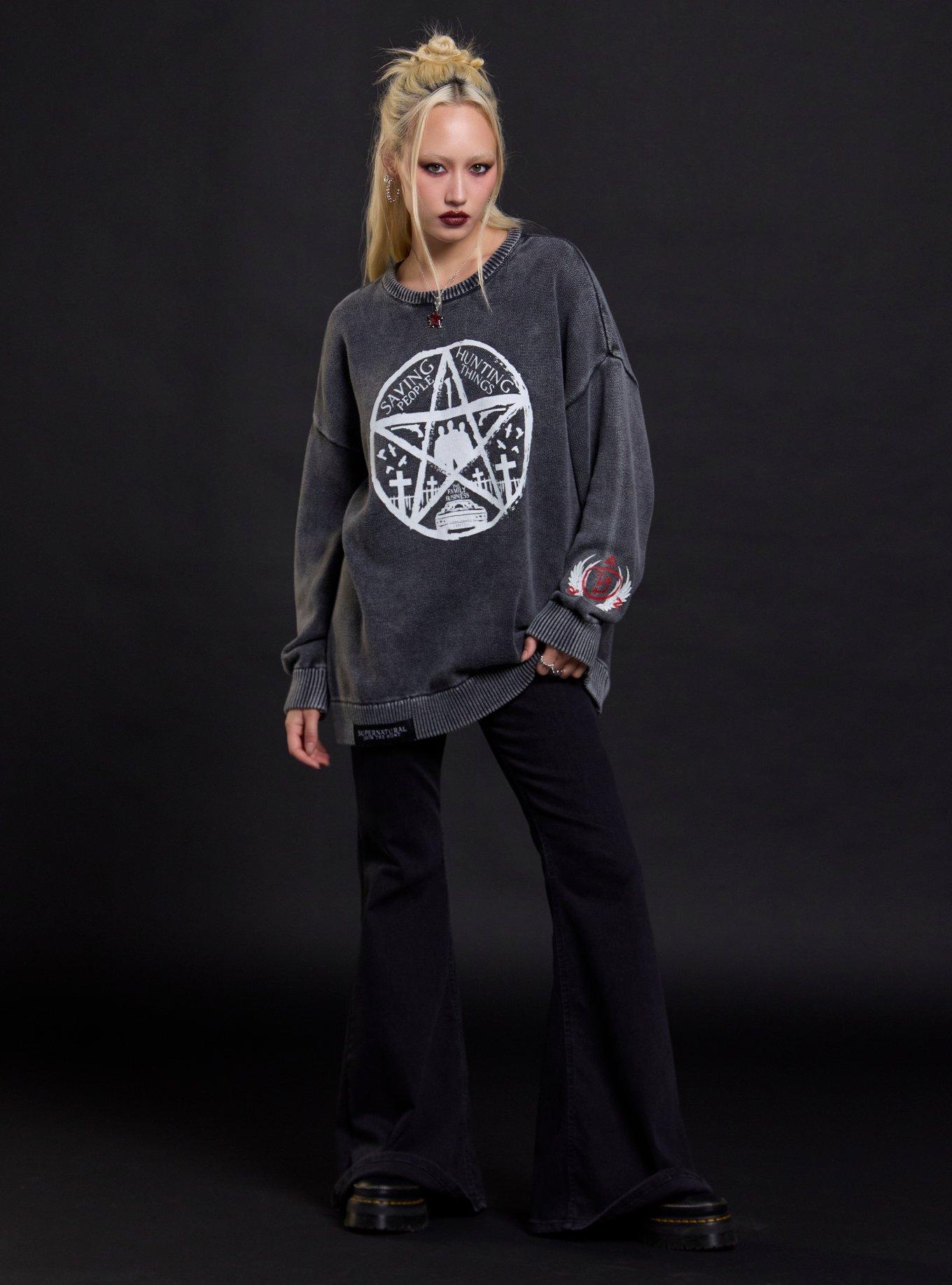 Supernatural Pentagram Wings Girls Oversized Sweater, BLACK, alternate