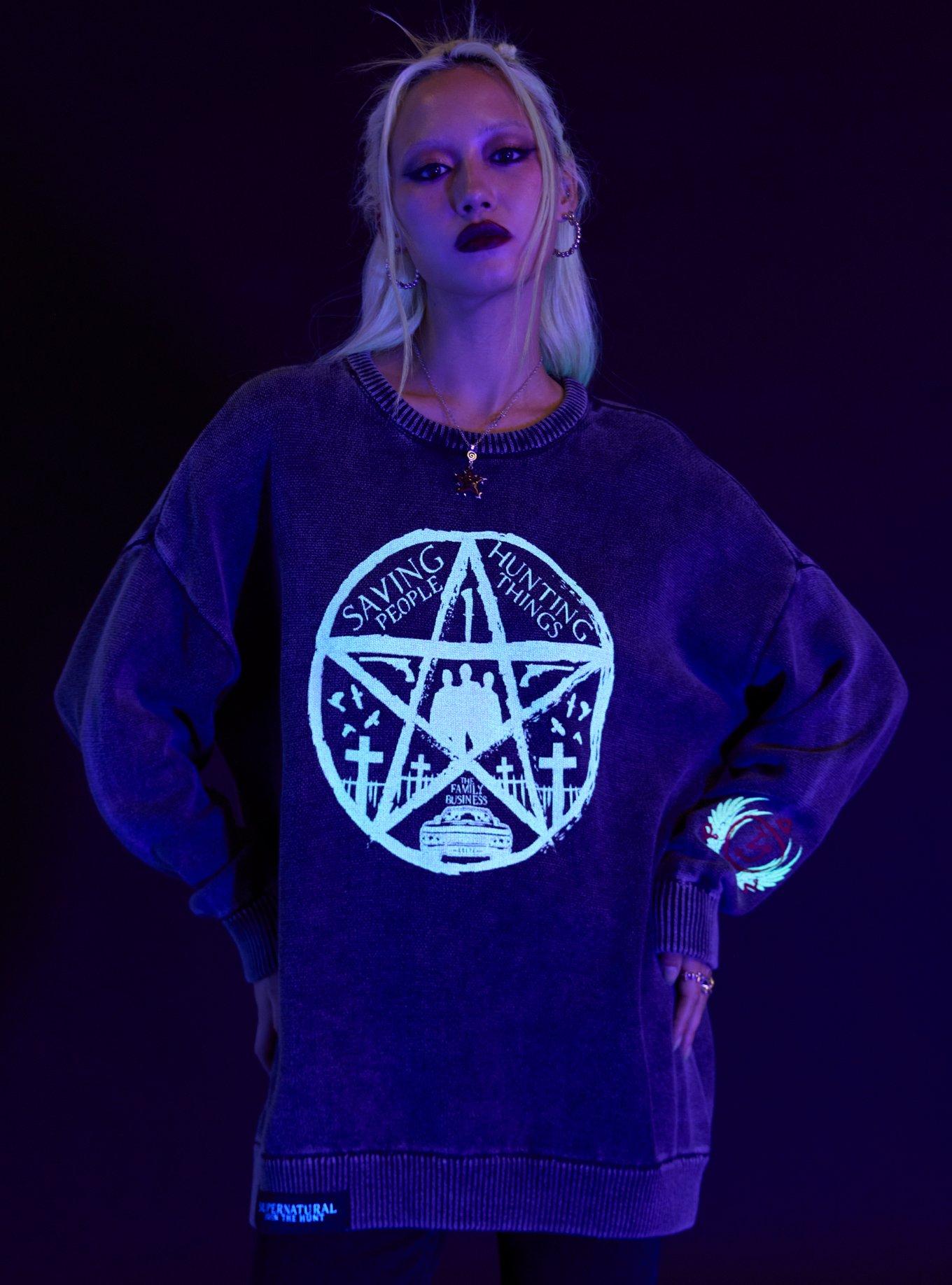 Supernatural Pentagram Wings Girls Oversized Sweater, BLACK, alternate