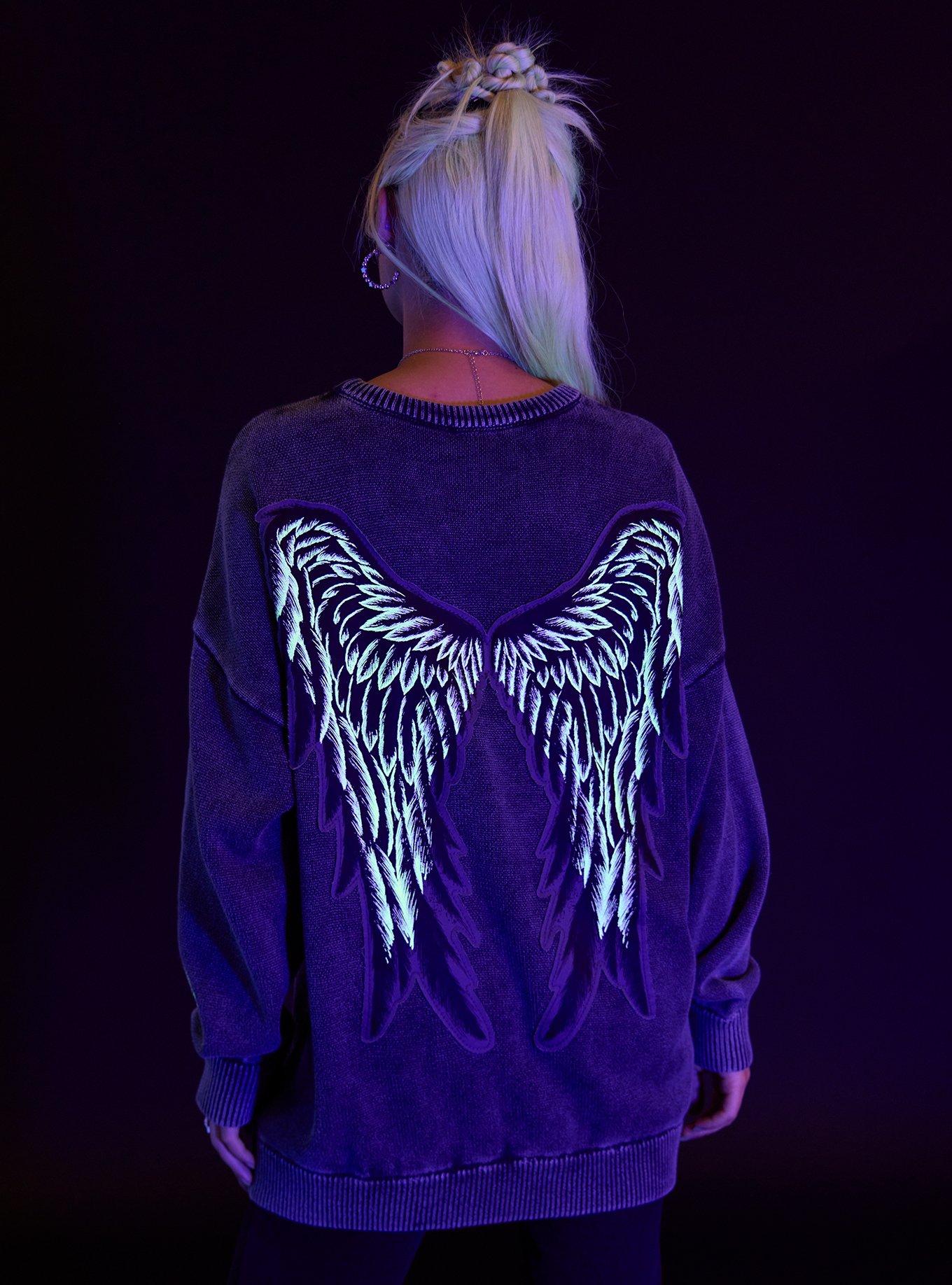Supernatural Pentagram Wings Girls Oversized Sweater, BLACK, alternate