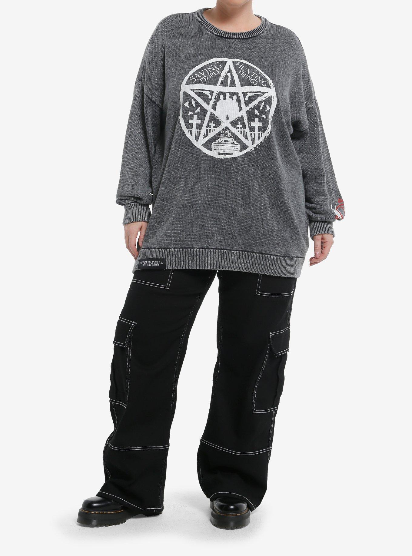 Supernatural Pentagram Wings Girls Oversized Sweater Plus Size, BLACK, alternate