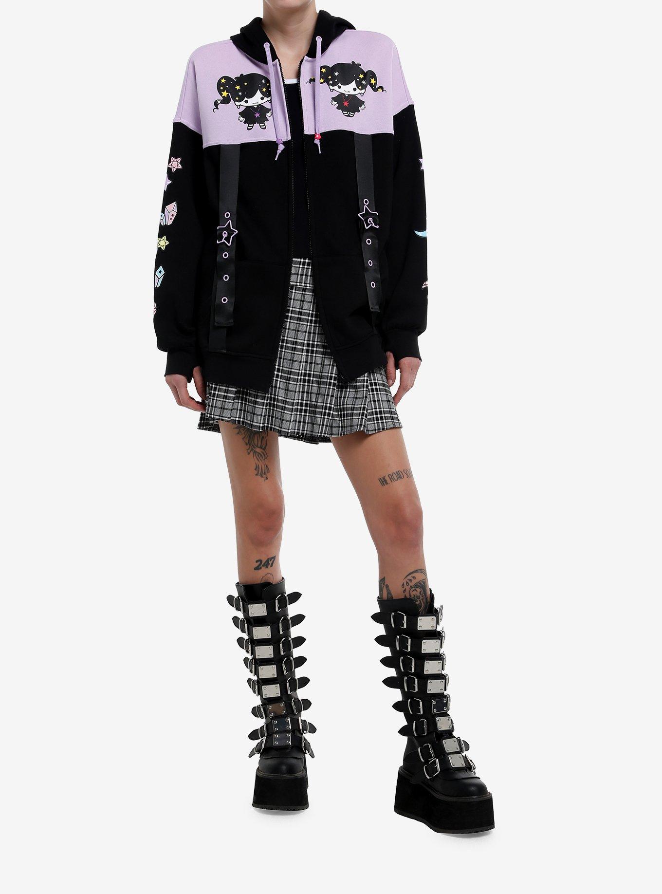 Magical Twin Comets Grommet Strap Color-Block Girls Oversized Hoodie, BLACK, alternate