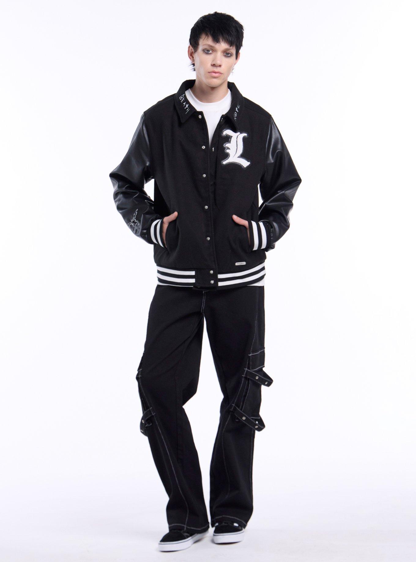 Death Note L Faux Leather Sleeve Varsity Jacket, BLACK, alternate