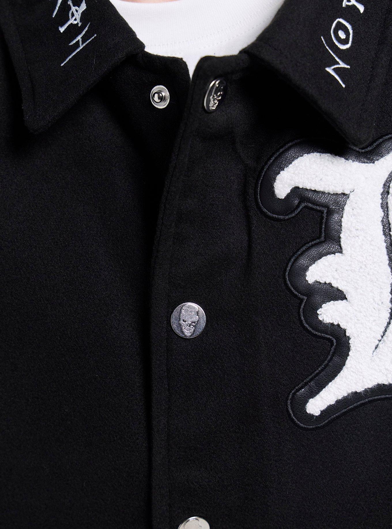 Death Note L Faux Leather Sleeve Varsity Jacket, BLACK, alternate