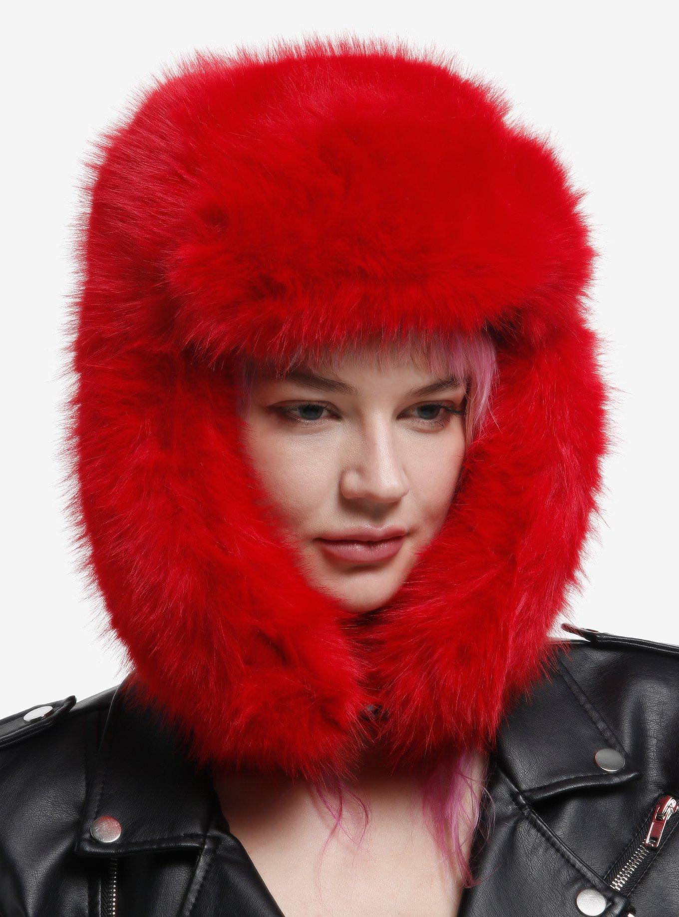 Red Fuzzy Plush Trapper Hat, , hi-res