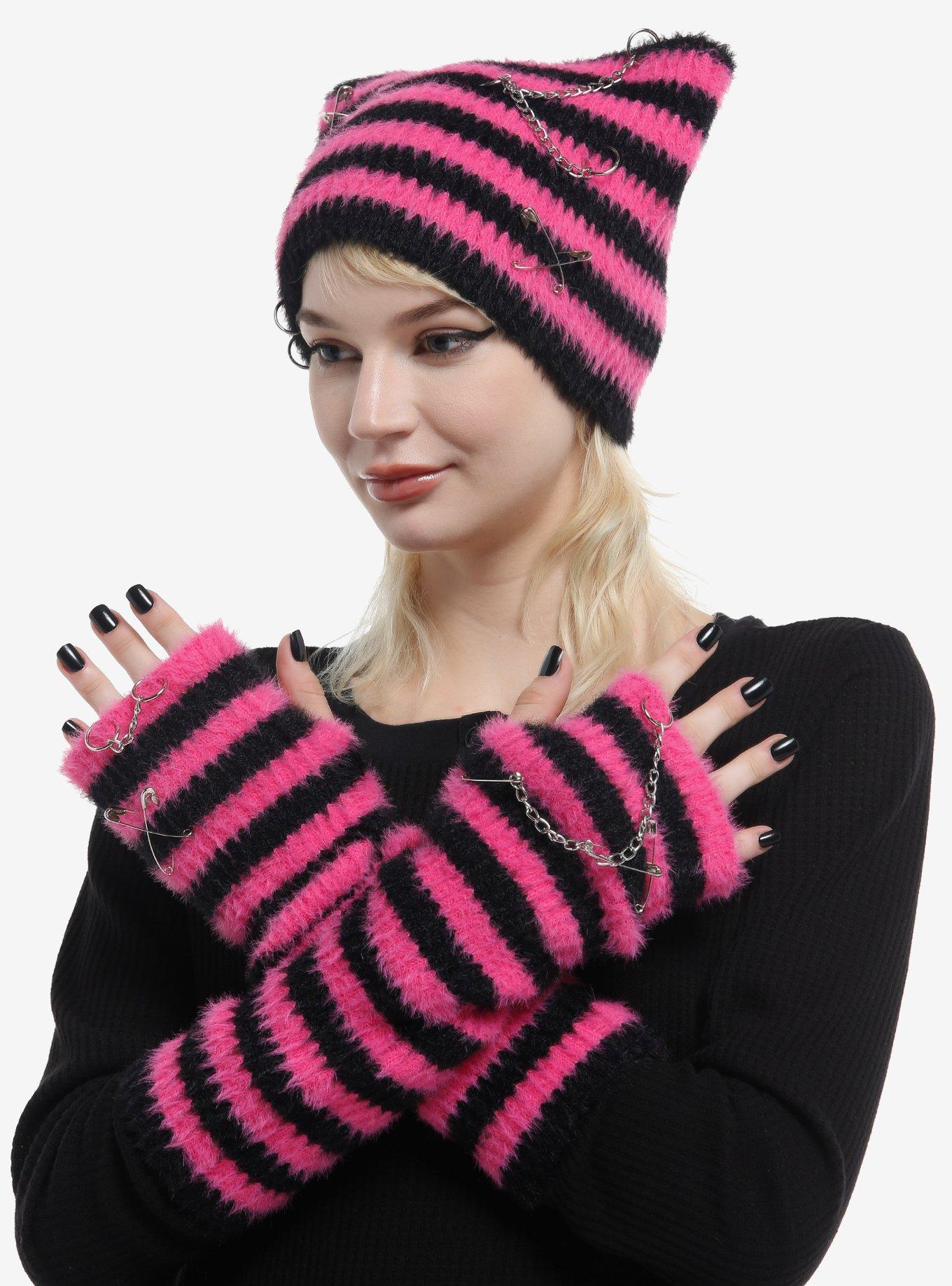 Pink & Black Stripe Pierced Subtle Ear Beanie, , hi-res