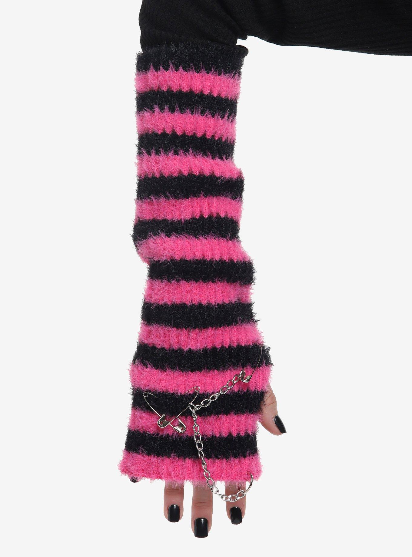 Pink & Black Stripe Pierced Fuzzy Arm Warmers, , hi-res