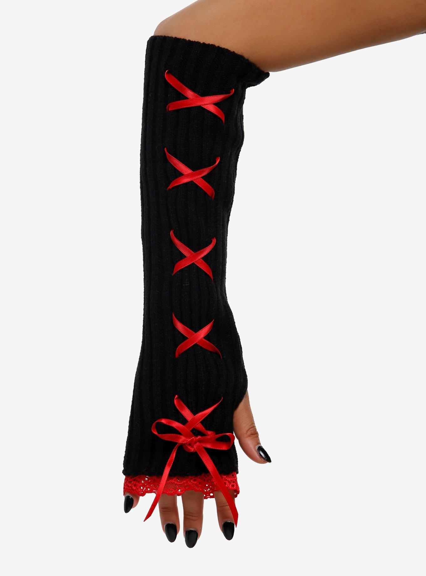 Red & Black Lace-Up Ribbon Arm Warmers, , hi-res