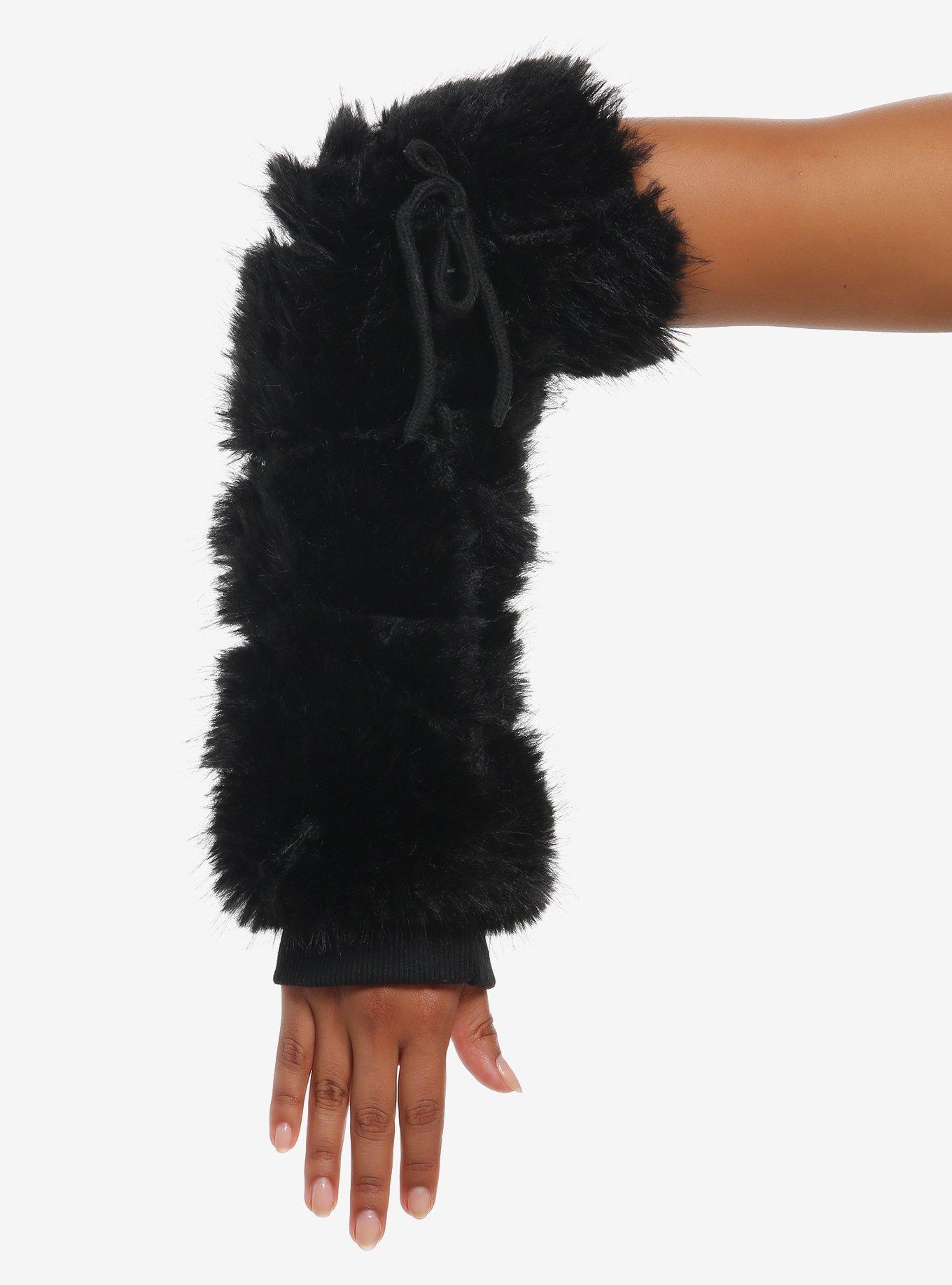 Black Lace-Up Fuzzy Arm Warmers, , hi-res