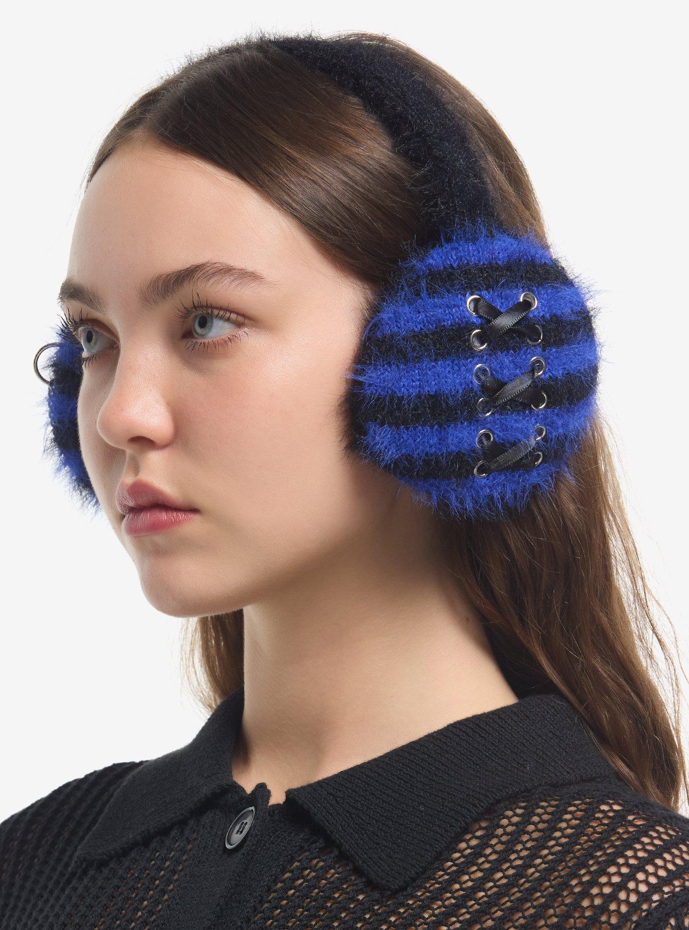 Blue & Black Stripe Pierced Fuzzy Earmuffs, , hi-res