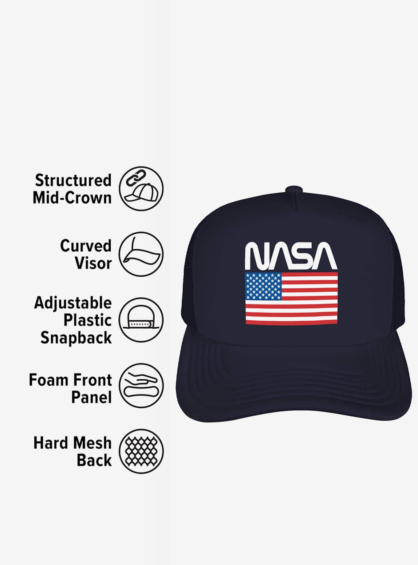 NASA American Flag Worm Logo Foam Trucker Hat, , alternate
