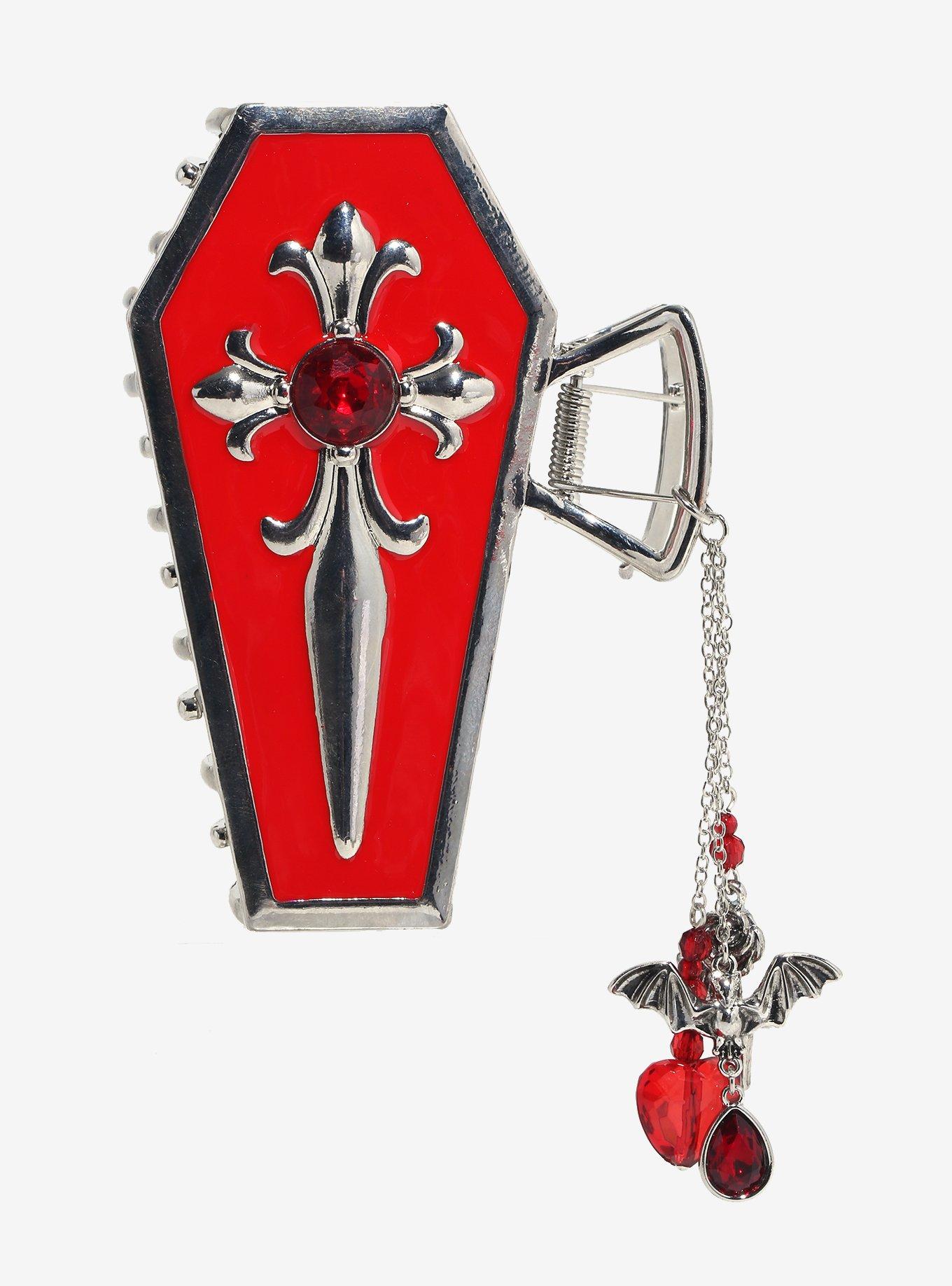 Red Rhinestone Cross Coffin Chain Claw Hair Clip, , hi-res