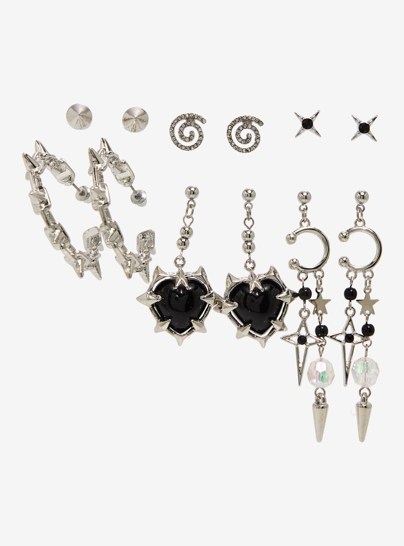 Black Heart Gem Spike Earring Set, , hi-res