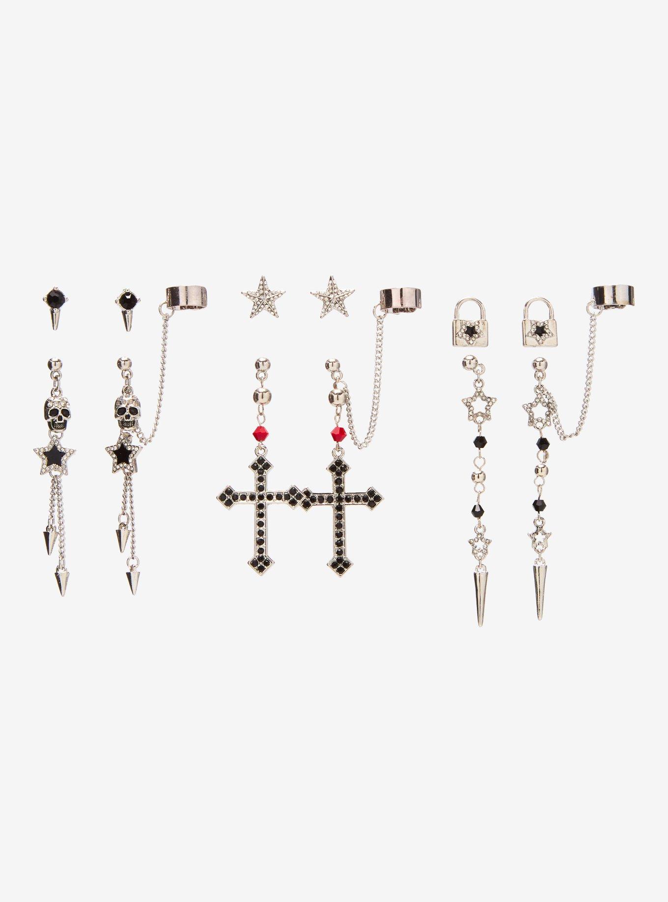 Skull Padlock Star Bling Cuff Earring Set, , hi-res