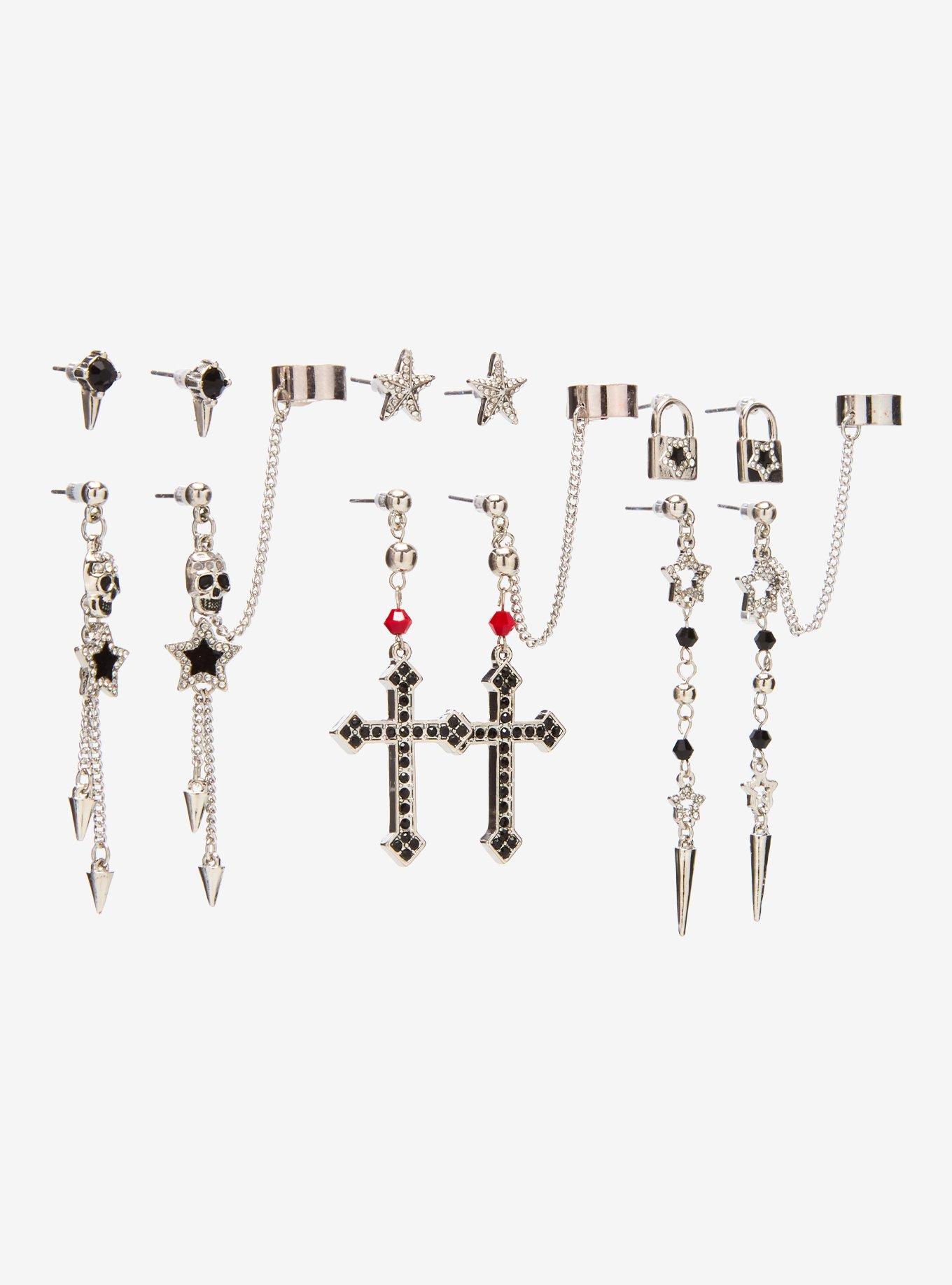 Skull Padlock Star Bling Cuff Earring Set, , alternate