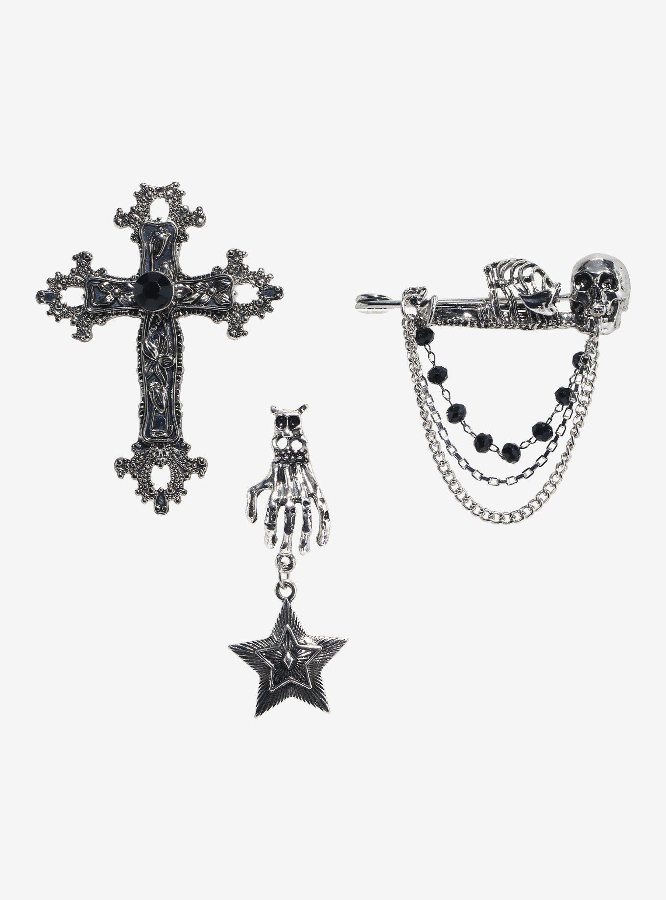 Gothic Cross Skeleton Brooch Pin Set, , hi-res