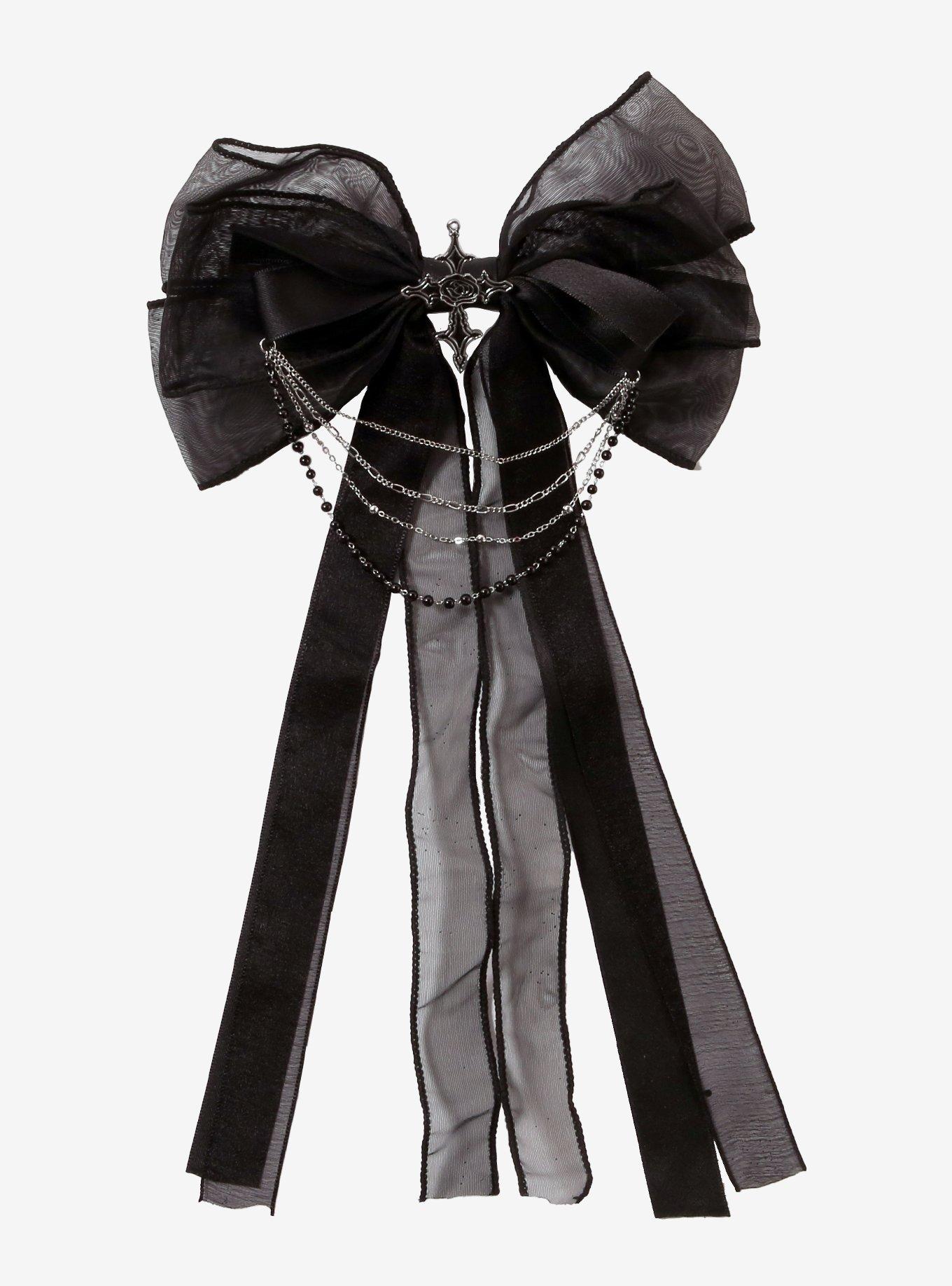 Black Rose Cross Chain Hair Bow, , hi-res