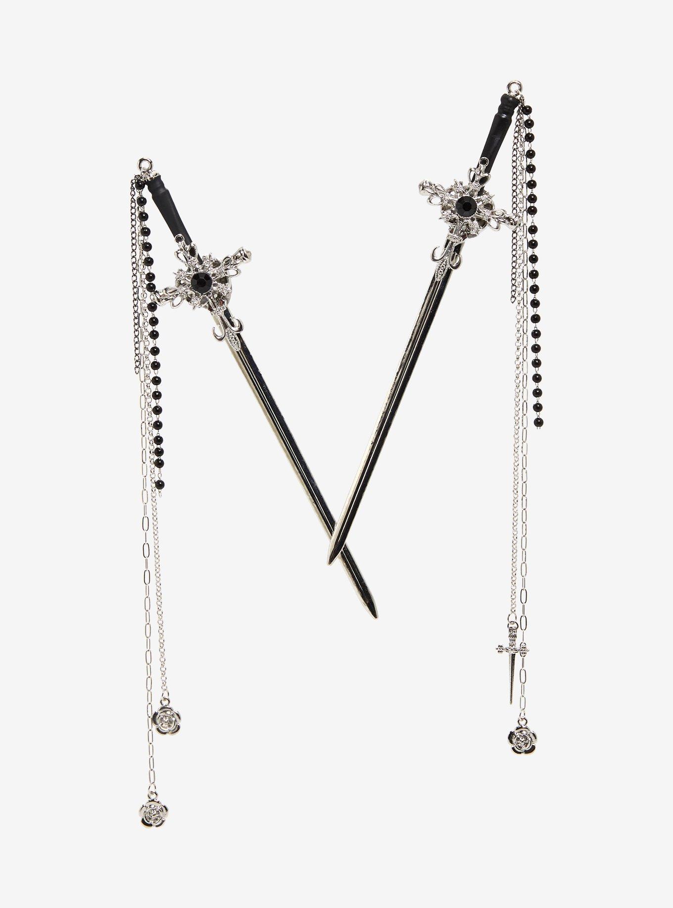 Black Gem Dagger Chain Hair Sticks, , hi-res