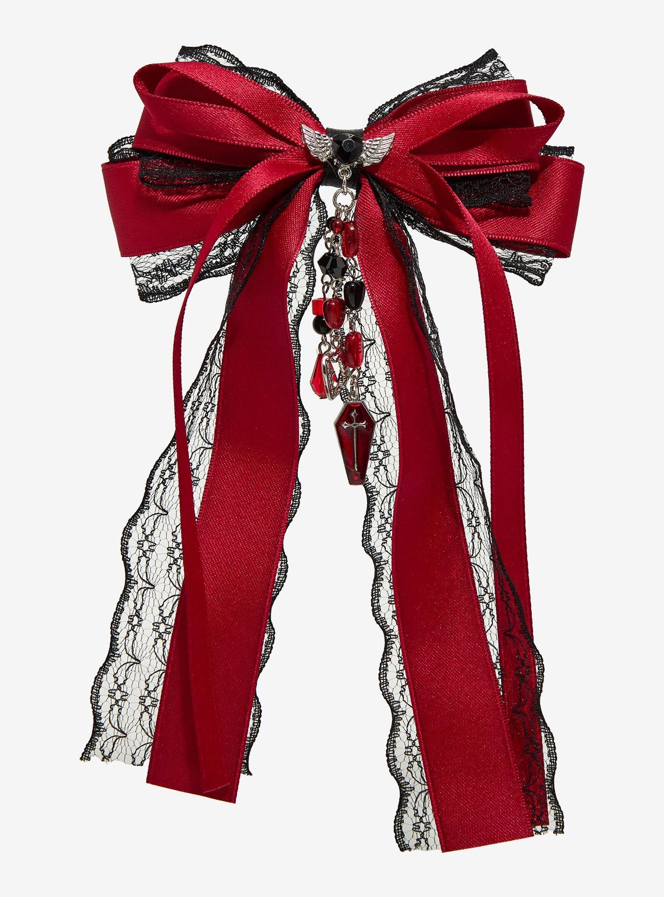 Burgundy & Black Lace Winged Heart Charm Bow Hair Clip, , hi-res