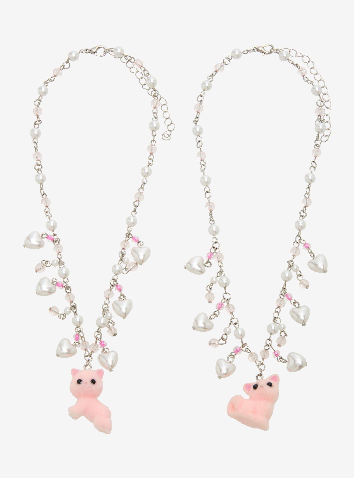 Sweet Society Pink Kitty Pearl Best Friend Necklace Set, , hi-res
