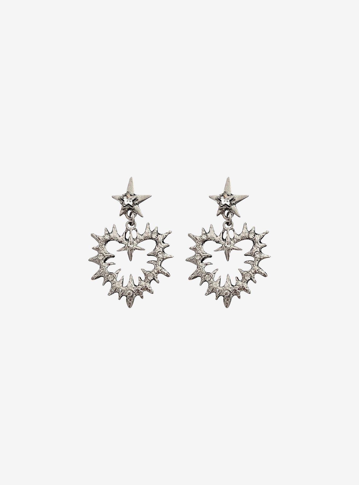 Silver Bling Spike Heart Drop Earrings, , hi-res