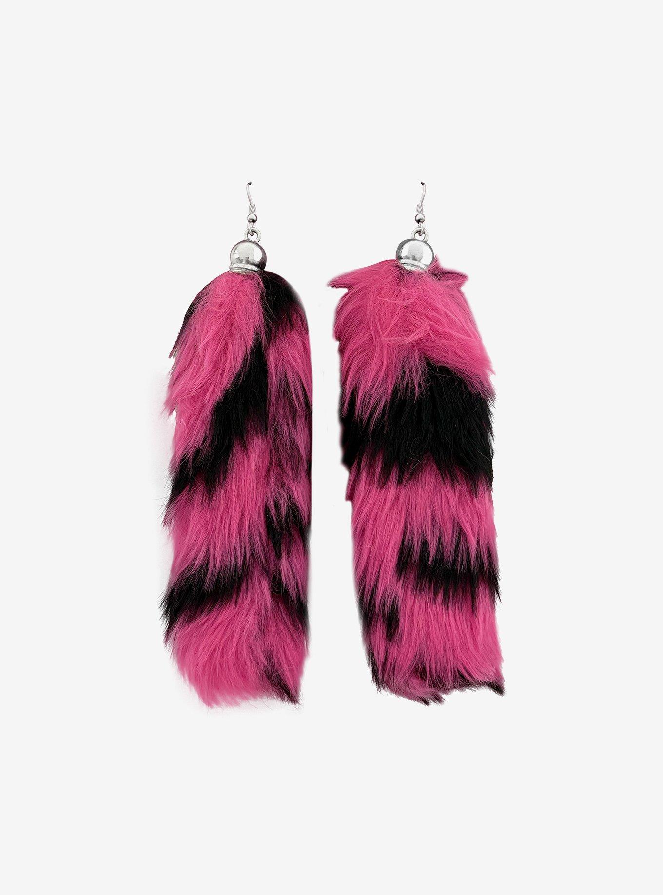 Pink & Black Fuzzy Tail Drop Earrings, , hi-res